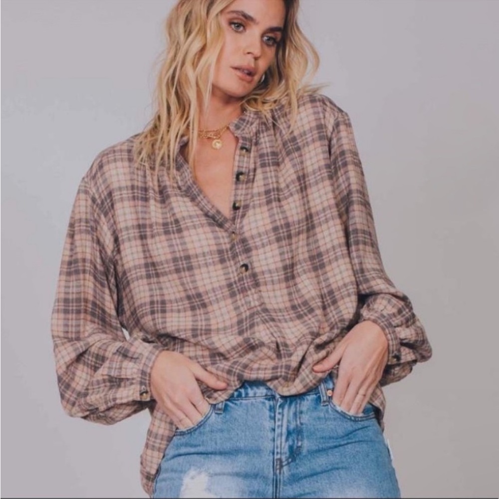 Free People Northern Bound Tan Plaid Button Pullover Oversized Tunic Shirt S